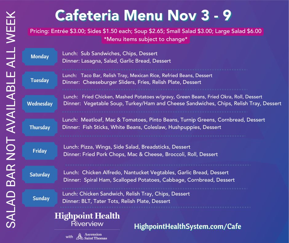 Riverview Cafeteria Menu November 3