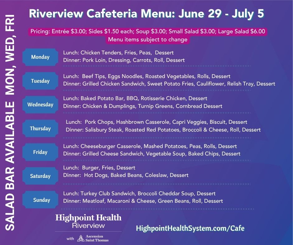 Weekly Menu for Riverview Hospital