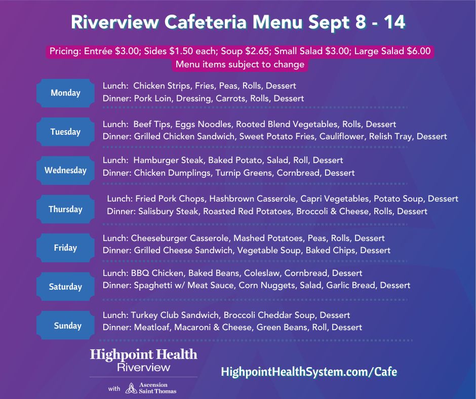 Riverview Menu Riverview Cafeteria Menu